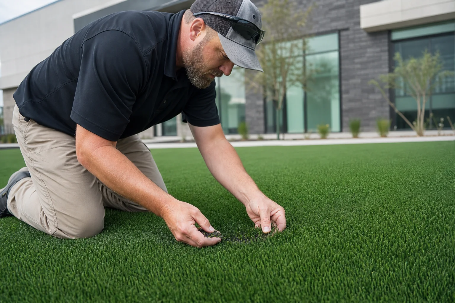 A professional maintenance technician inspecting and brushing commercial artificial turf fibers at a commercial property in Arizona
