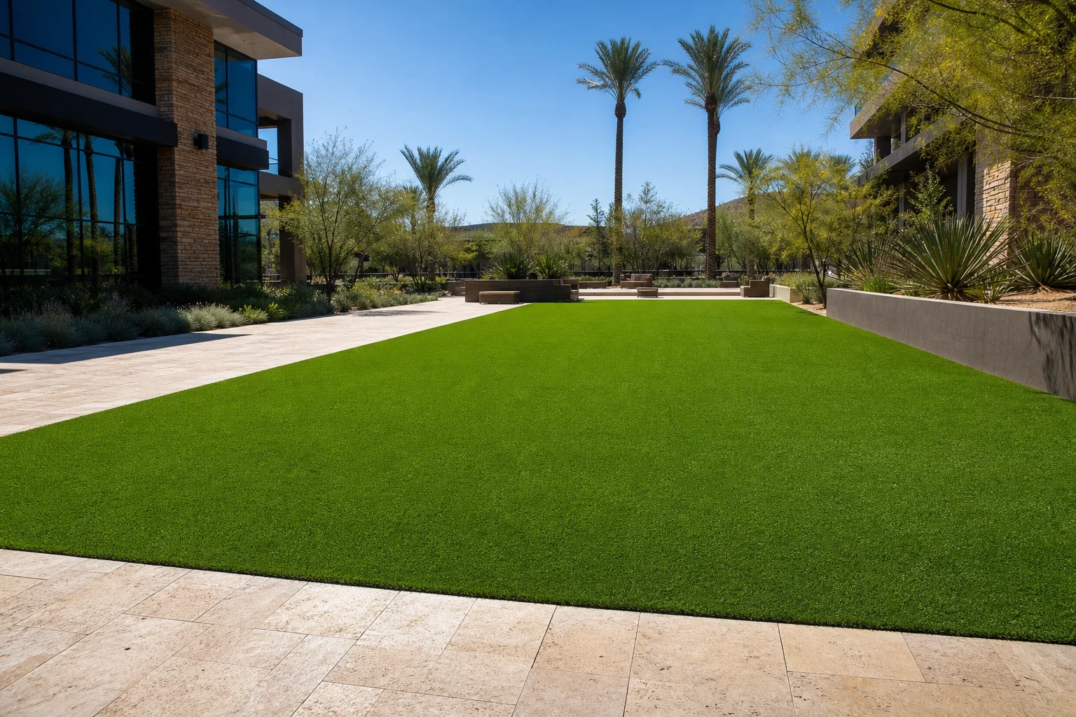 Pristine commercial synthetic turf installation at an Arizona property with uniform green surface and decorative pavers