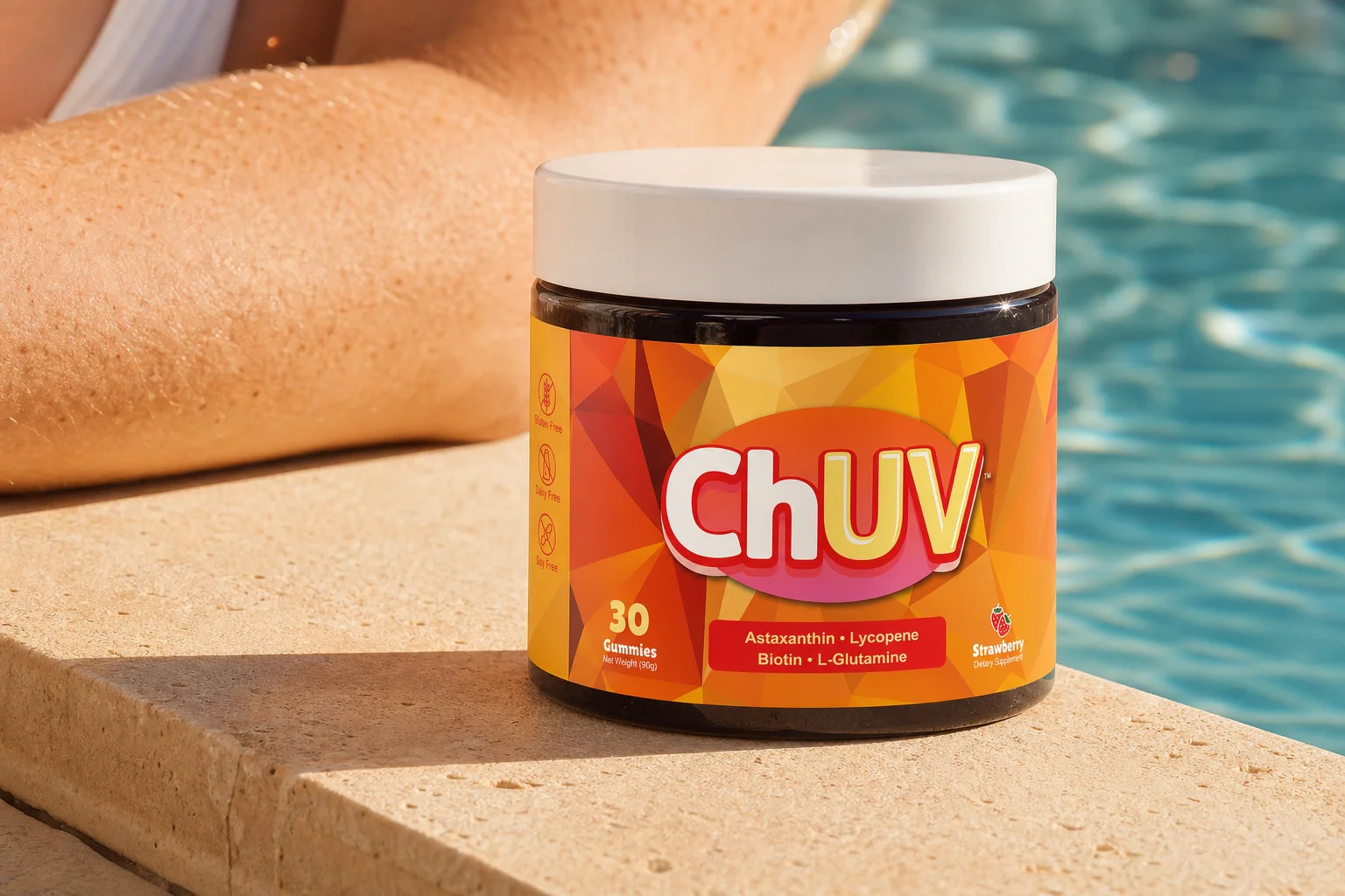 ChUV tanning gummies bottle on a poolside ledge beside freckled skin showing a natural warm glow, tanning gummies for redheads and freckled skin
