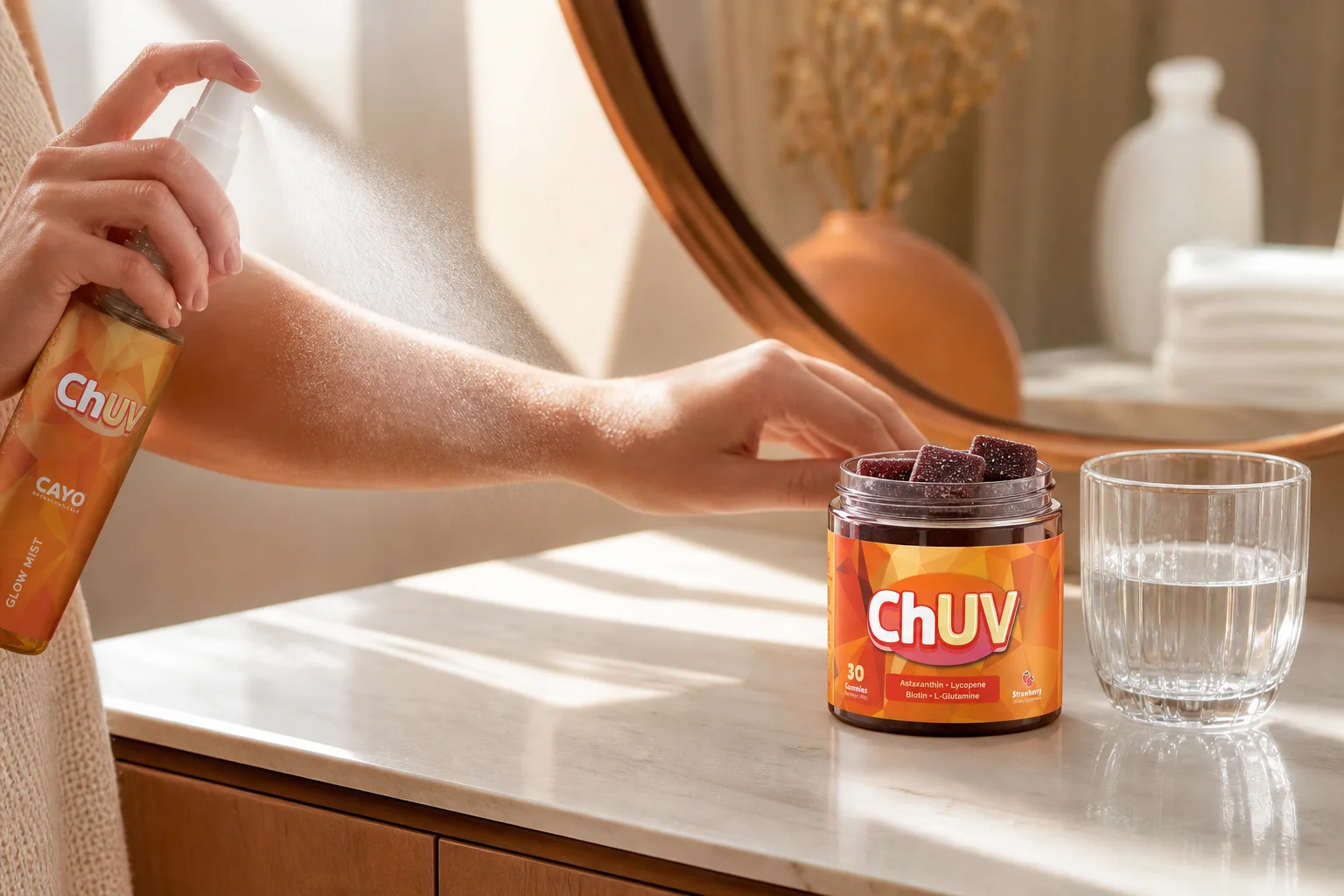 Spray-on glow mist bottle and ChUV Tanning Gummies side by side on a bathroom vanity, comparing tanning gummies vs spray-on glow mists