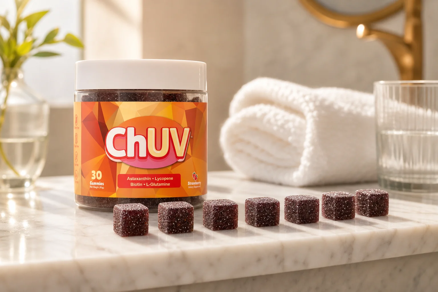Jar of ChUV Tanning Gummies with a week's worth of gummies lined up on a sunlit bathroom counter, representing week 1 of tanning gummies