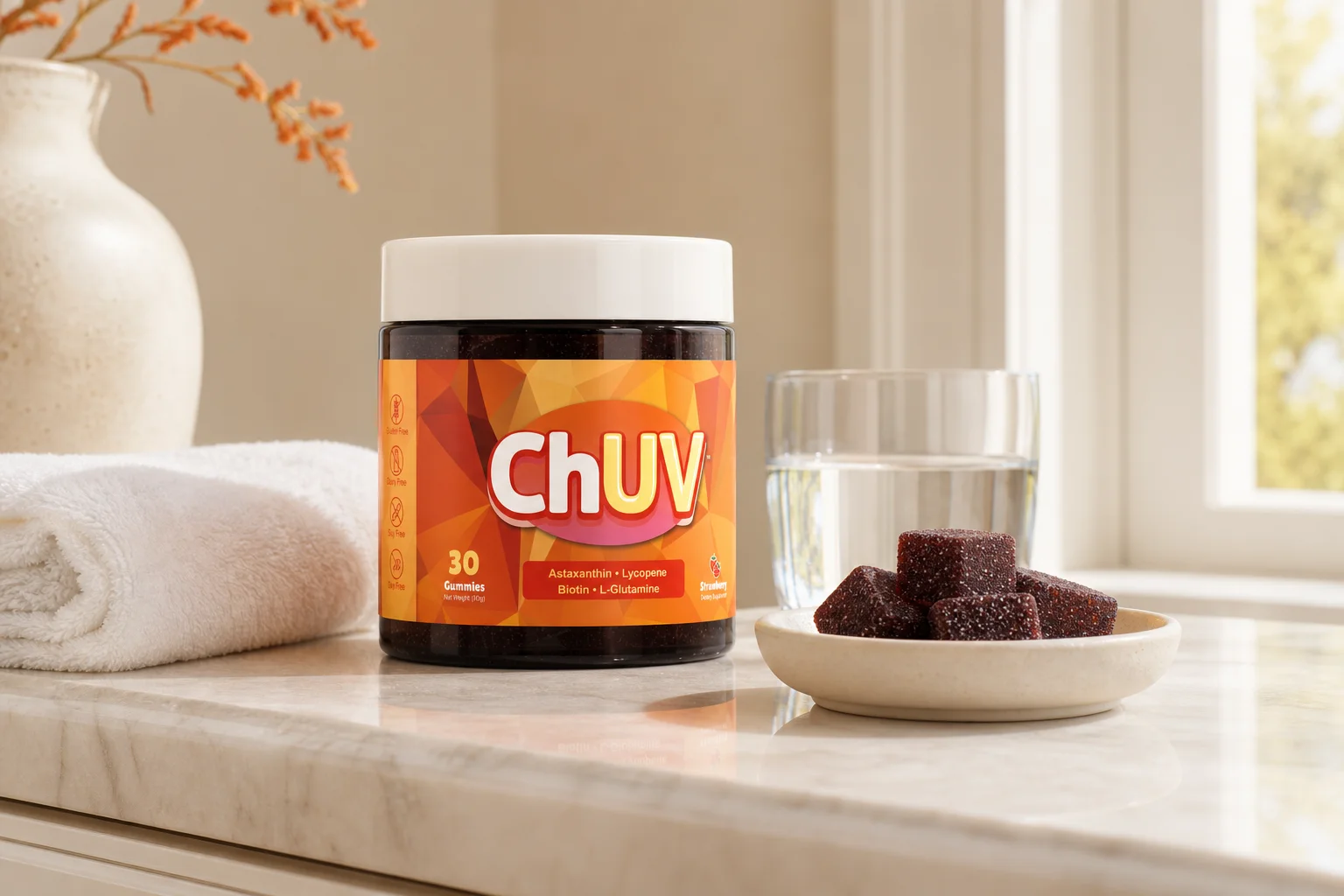 ChUV tanning gummies bottle on a bathroom vanity, representing what dermatologists want you to know about tanning gummies
