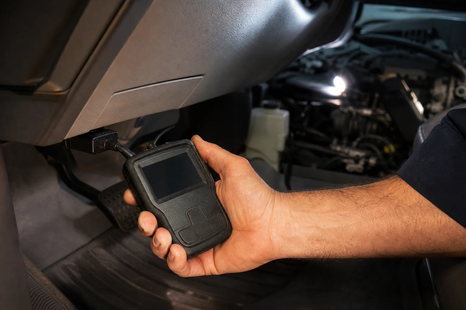 A mechanic reviewing a car's diagnostic scanner near an engine bay
