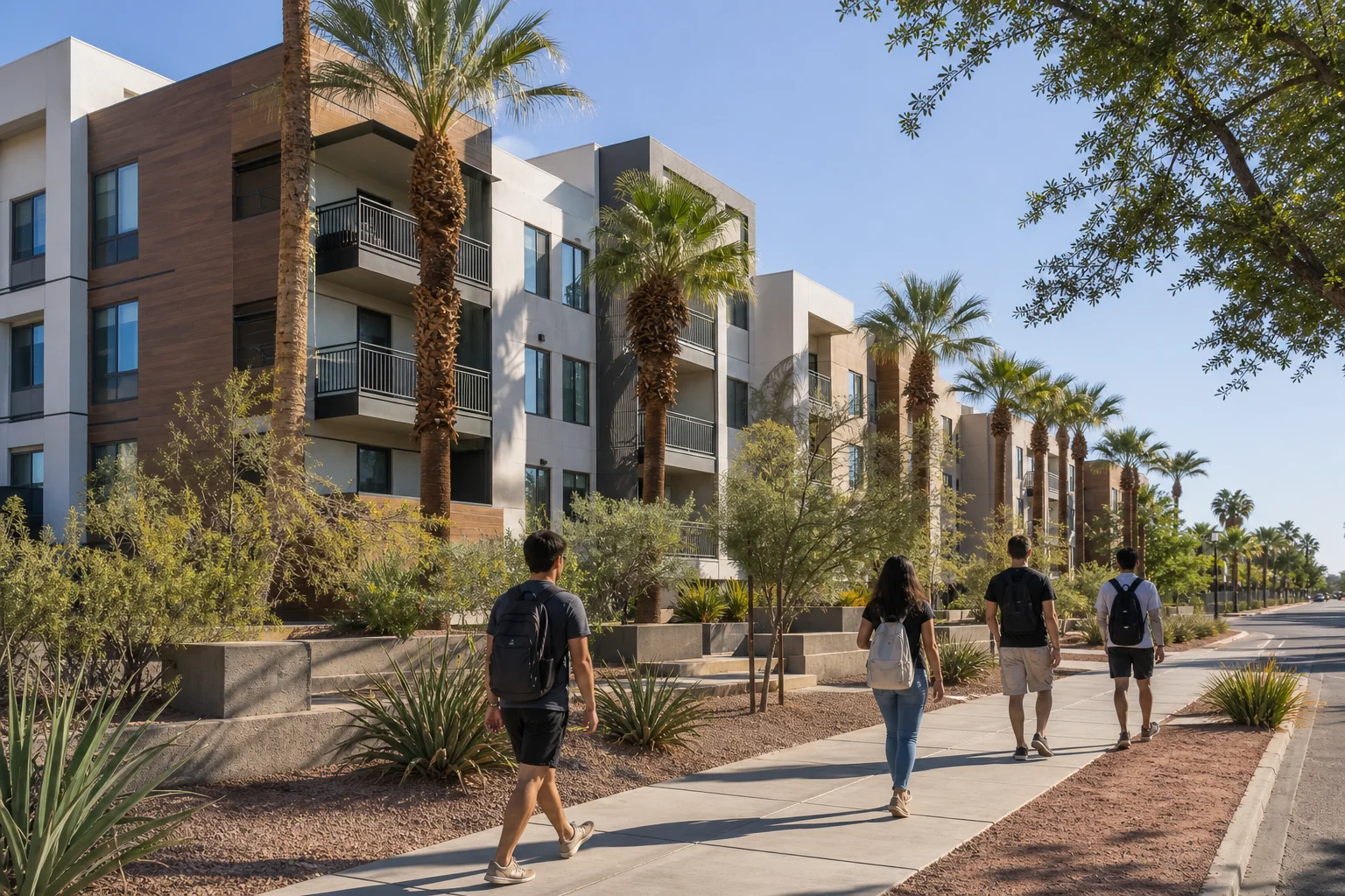 A multifamily apartment complex near Arizona State University with students walking toward downtown Tempe