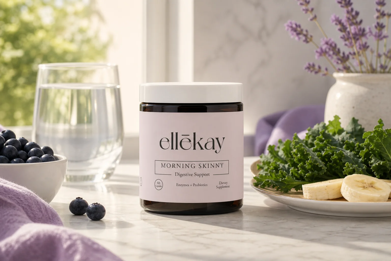Morning Skinny supplement on a marble kitchen counter with fresh fruits and greens representing the future of gut health