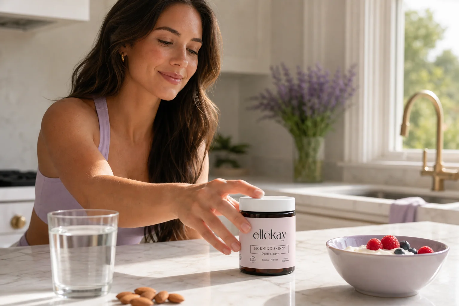 Woman reaching for Morning Skinny gut supplement on a bright kitchen counter, representing the gut microbiome and autoimmune disease connection