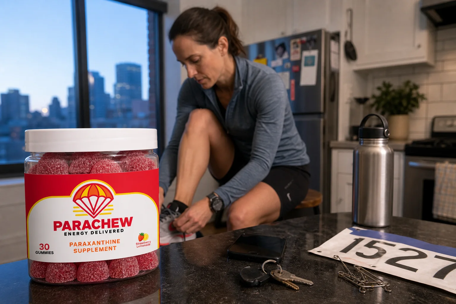 Marathon runner lacing up shoes beside a Parachew jar on race morning, illustrating tolerance and paraxanthine for athletes