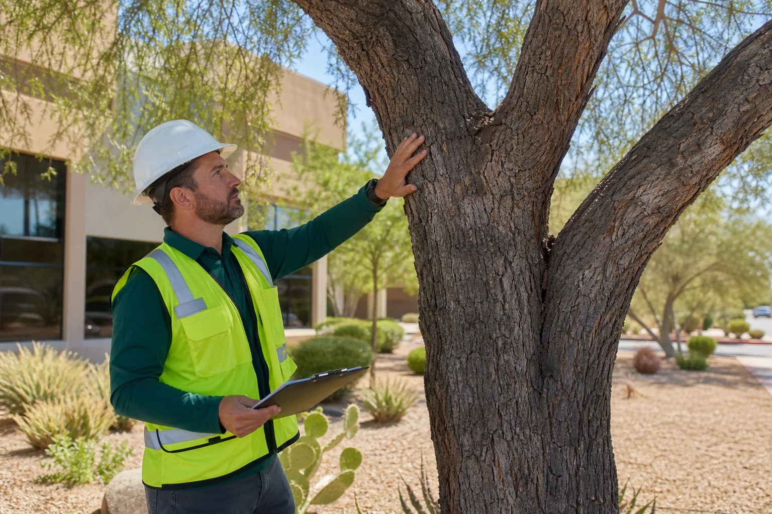 Professional arborist inspecting a mature desert tree at an Arizona commercial property, with safety equipment and inspection tools visible