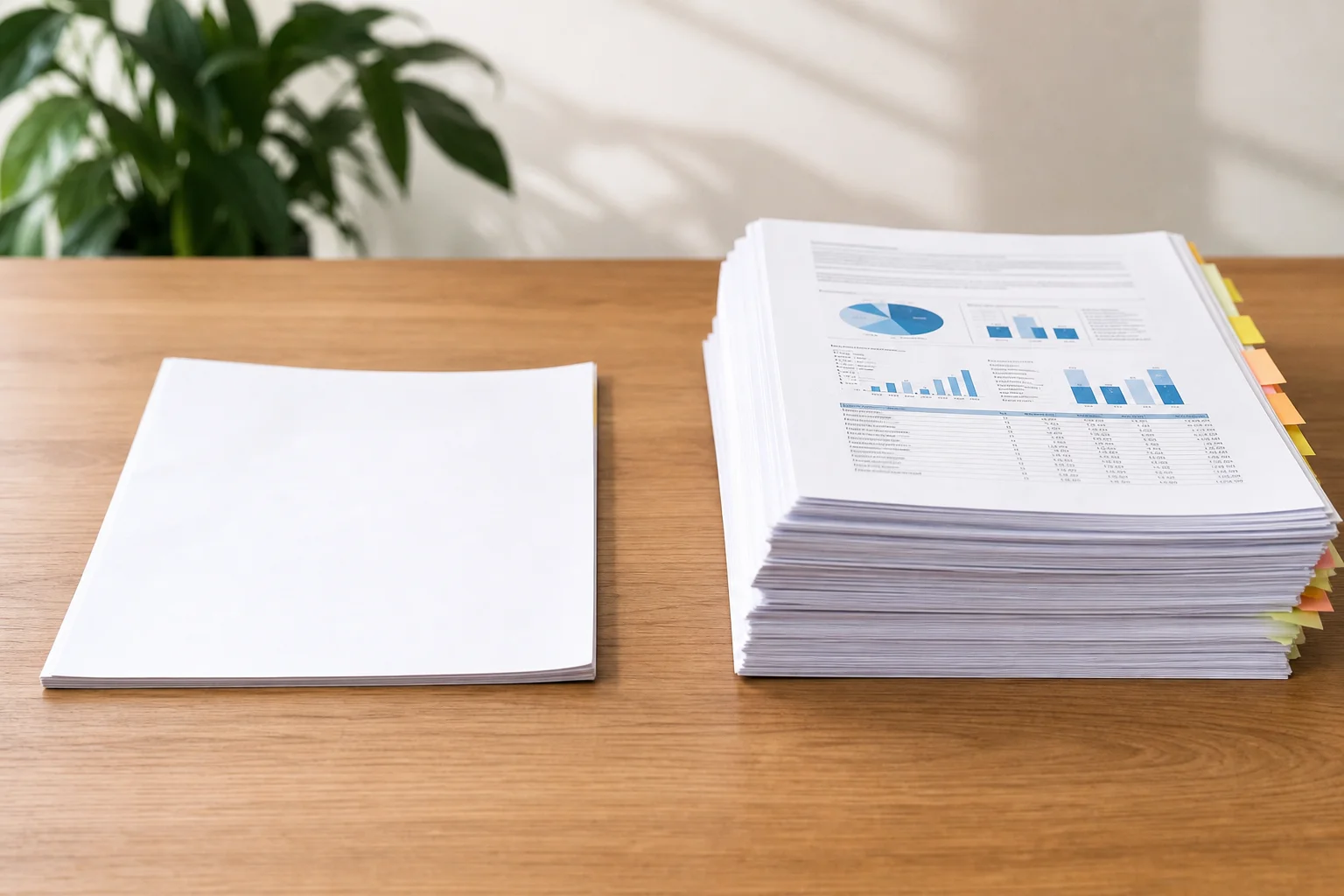Illustration of a small business owner comparing a thin cheap SEO report against a detailed real SEO strategy plan