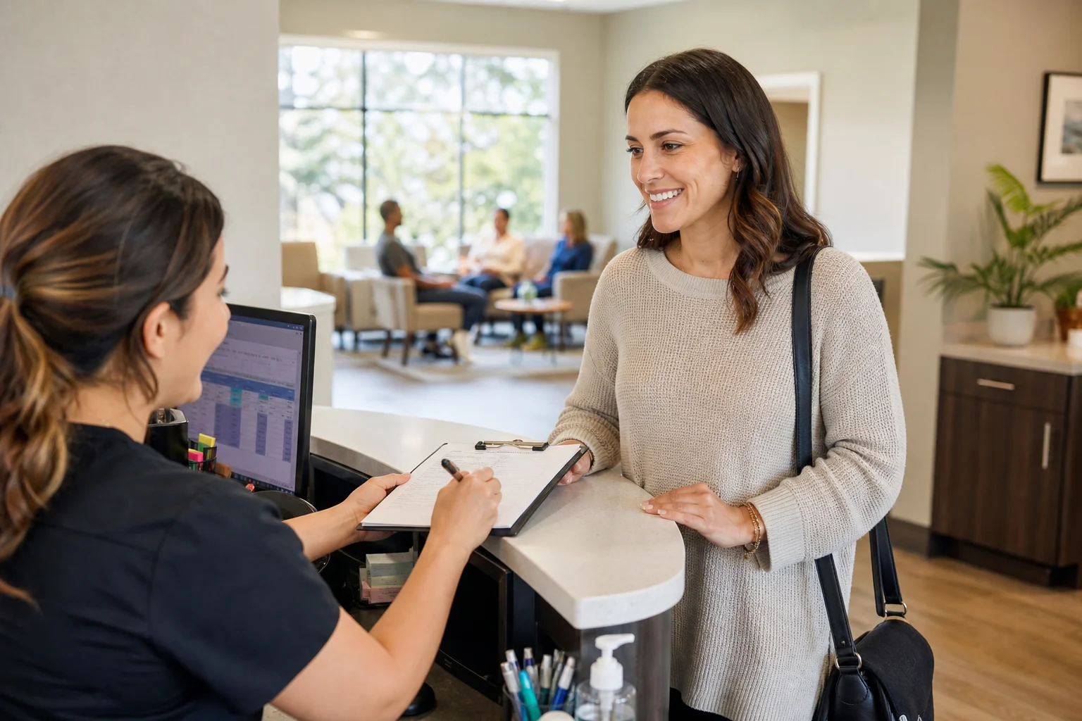 Dental office reception desk with team member checking a patient in