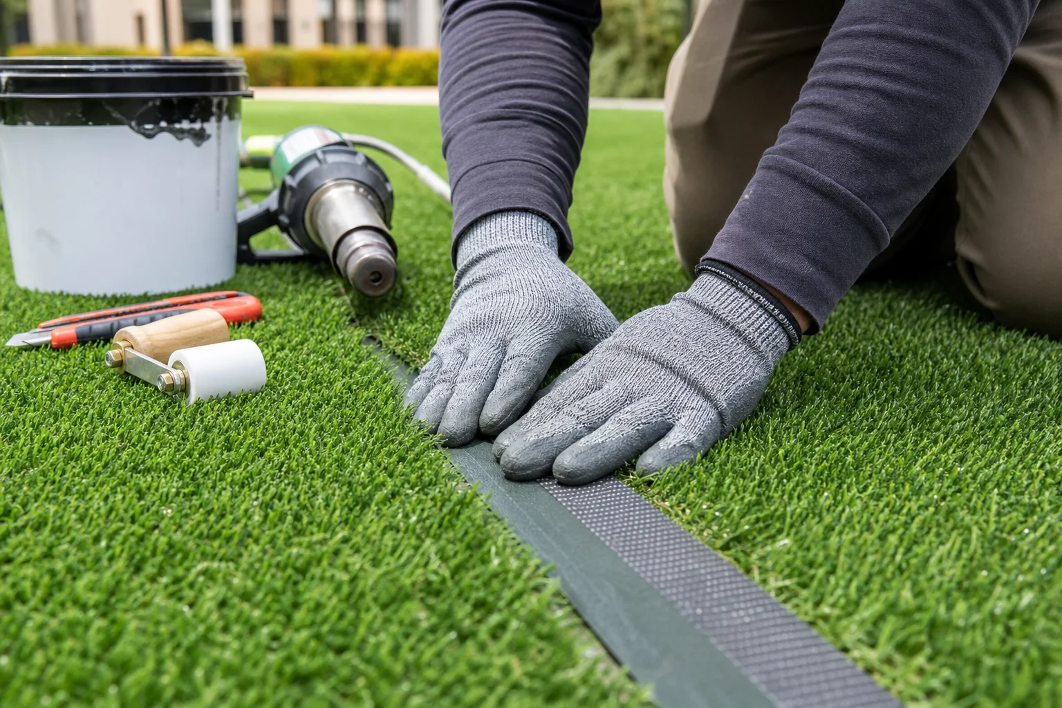 Technician repairing an artificial turf seam at an Arizona commercial property using professional turf repair tools
