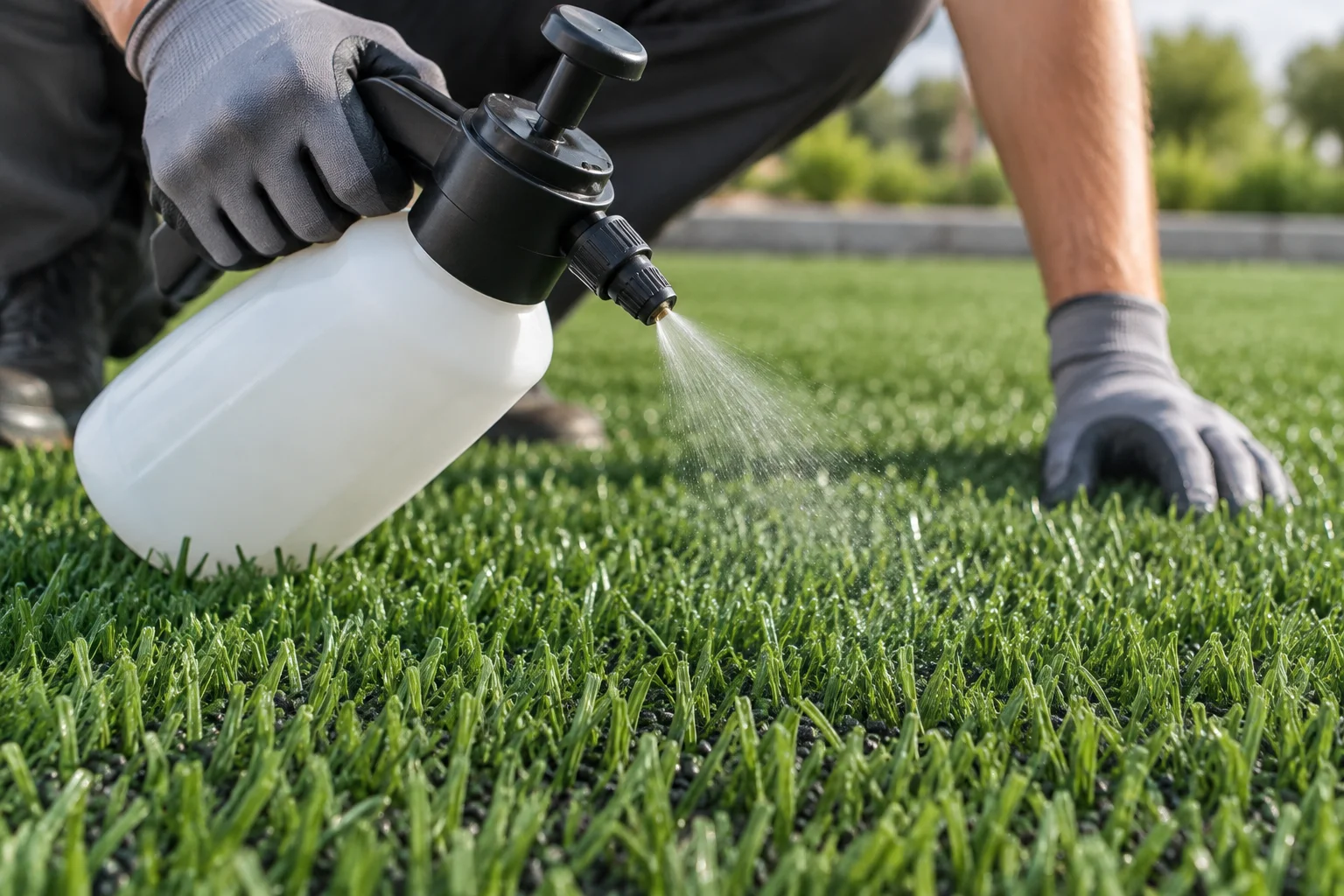 A HEOS AZ technician power-rinsing artificial turf at a commercial HOA courtyard in Arizona