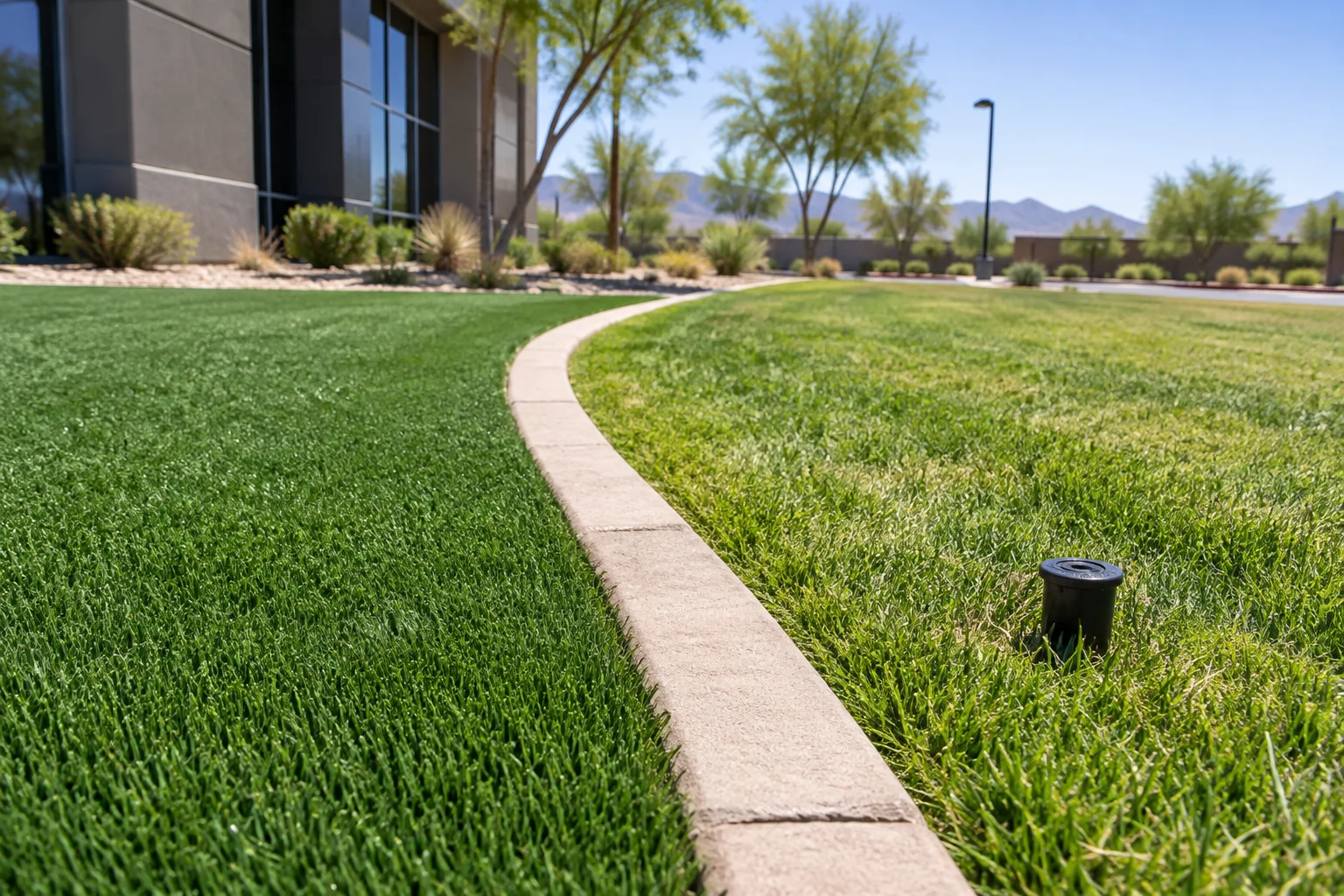 Side-by-side view of artificial turf and natural grass lawn edges at a commercial Arizona property