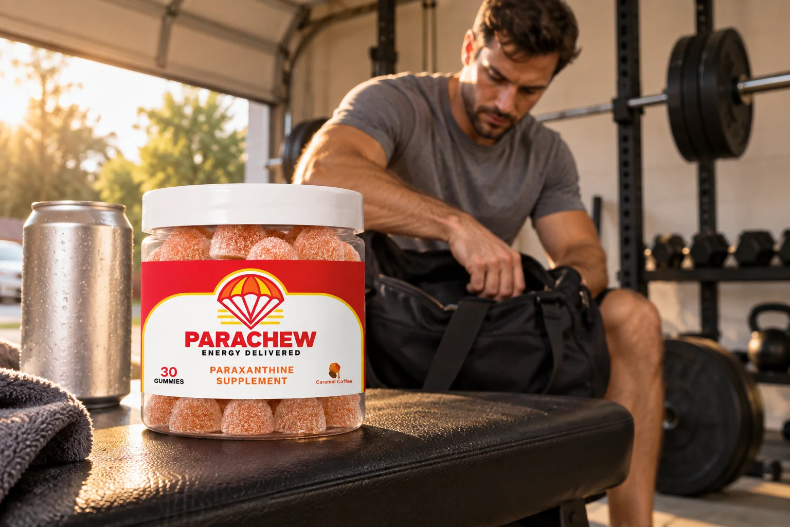 Early morning gym scene comparing a canned energy drink to a Parachew jar, illustrating Update Energy vs Parachew