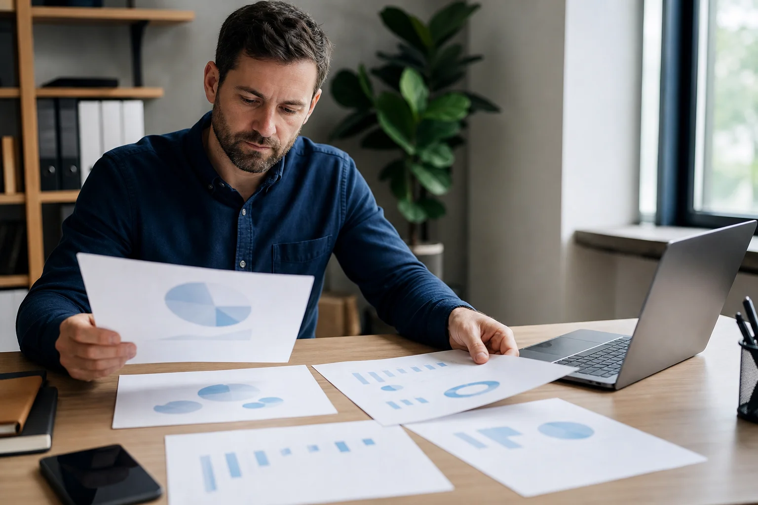 Marketing strategist comparing printed website authority reports across a desk to evaluate backlink quality