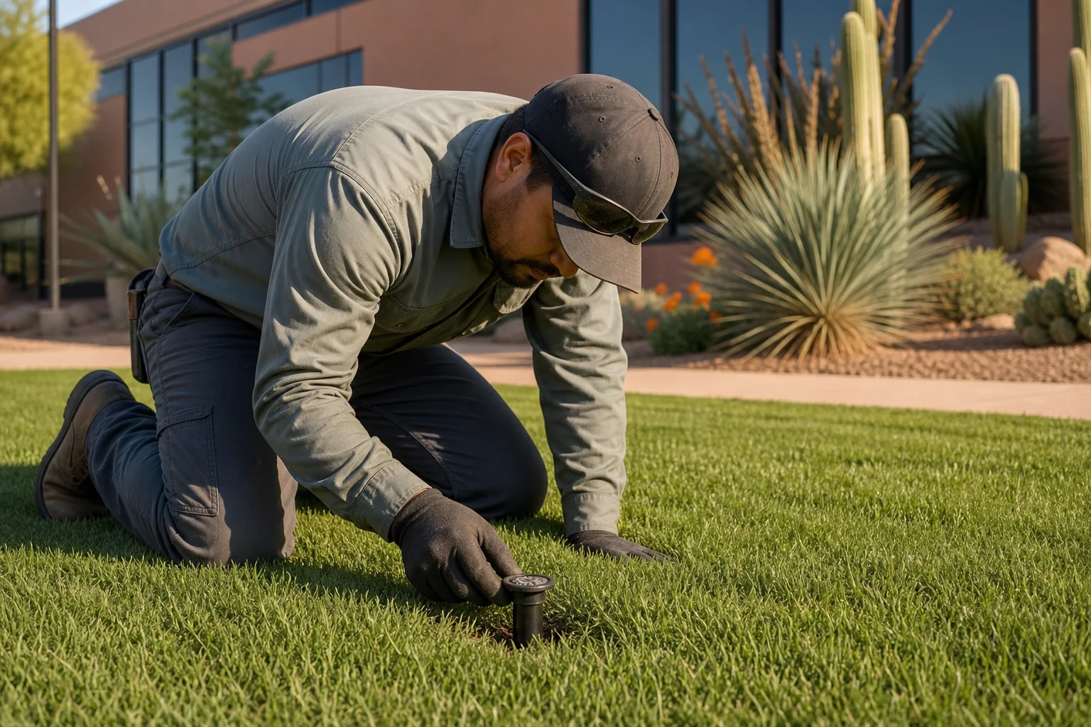Commercial landscaping technician inspecting and adjusting an irrigation system head in a lush commercial property lawn in Arizona