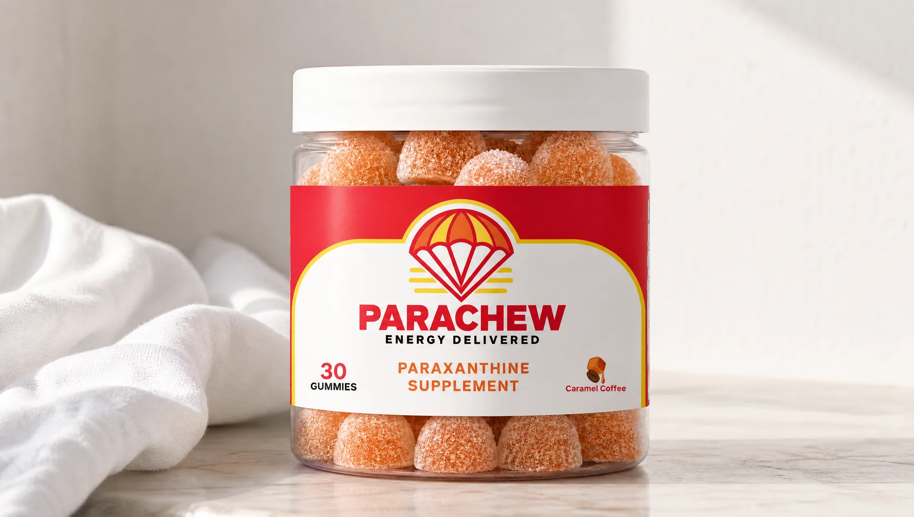 Close view of a Parachew Caramel Coffee paraxanthine gummies jar, a close crop of the minimal counter