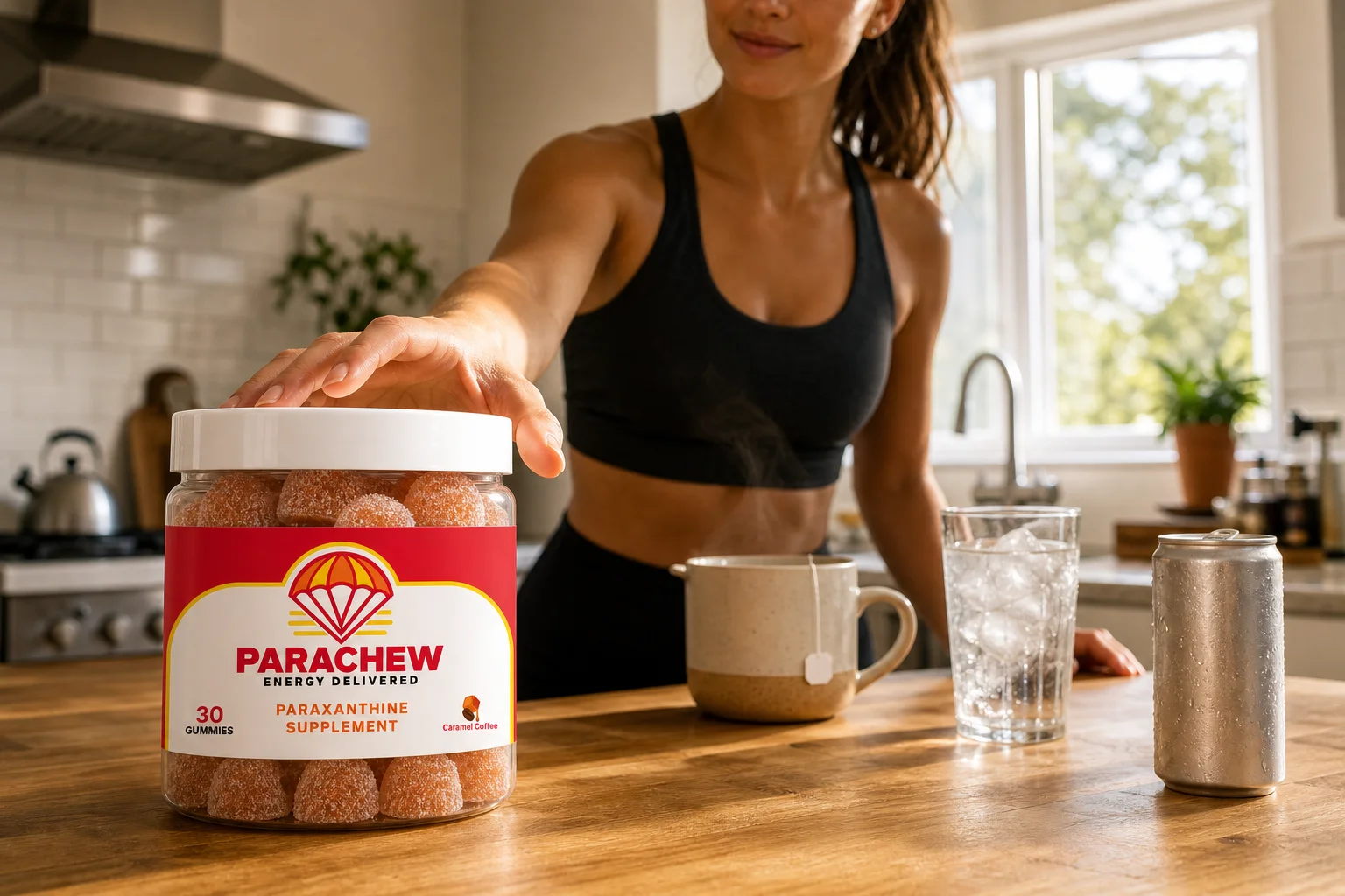 Person reaching for a Parachew jar and green tea instead of a canned energy drink in a morning kitchen