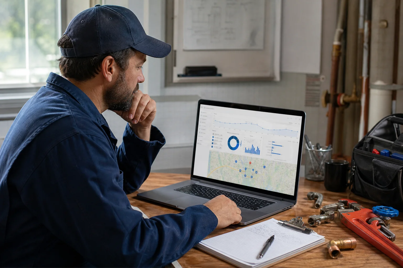 A plumber reviewing local SEO rankings on a laptop at a job site office, with plumbing tools on the desk nearby