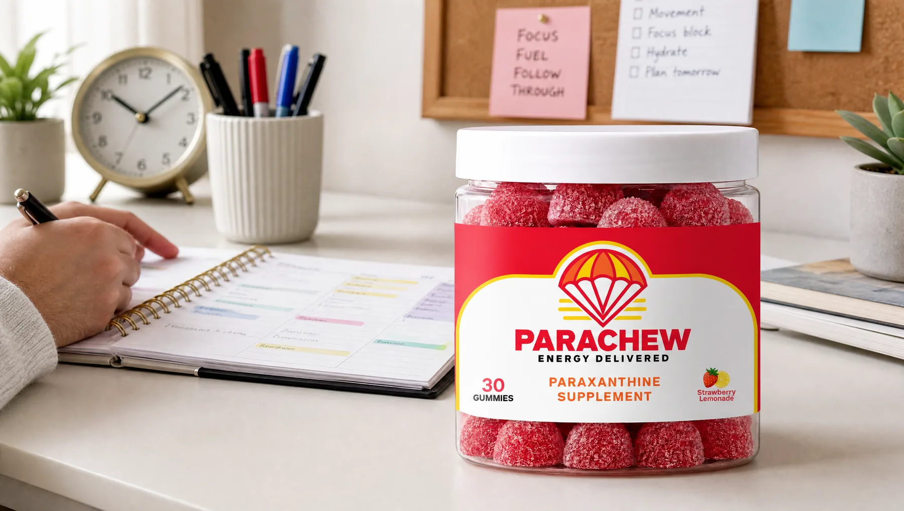Parachew Strawberry Lemonade paraxanthine gummies jar in the foreground of a tidy home workspace at mid-morning