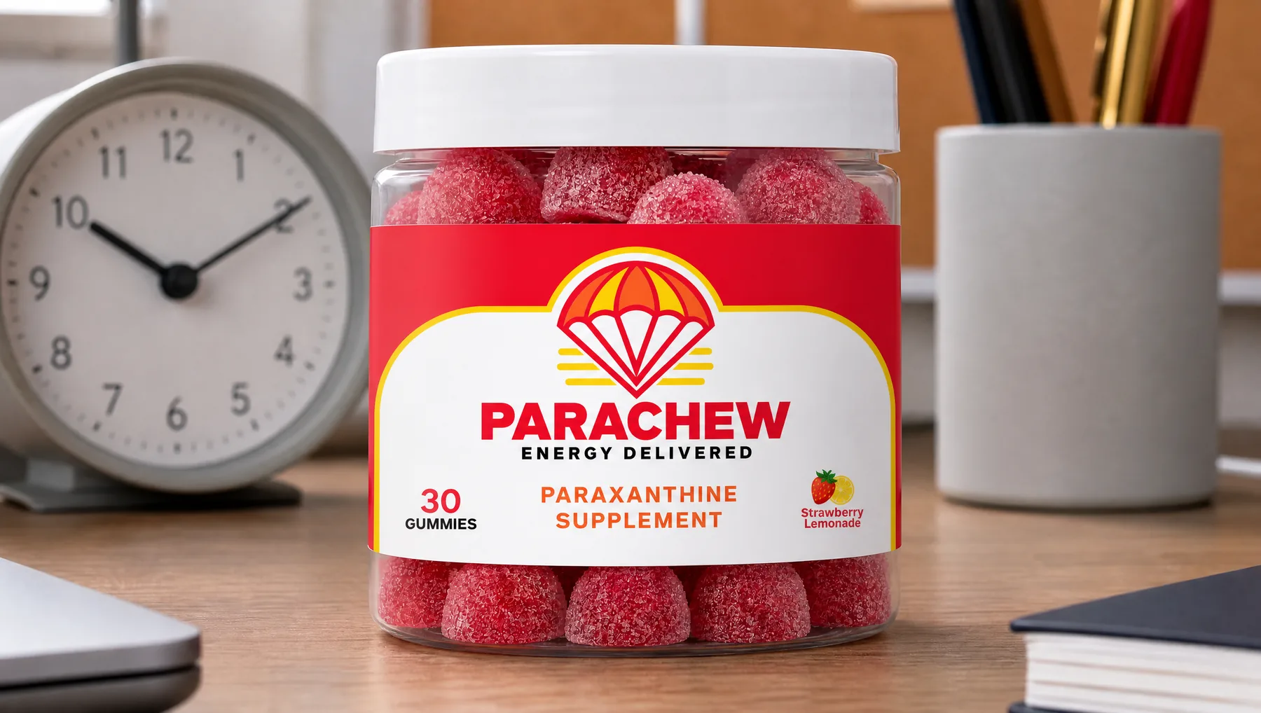 Close view of a Parachew Strawberry Lemonade paraxanthine gummies jar, a close low angle across the desk
