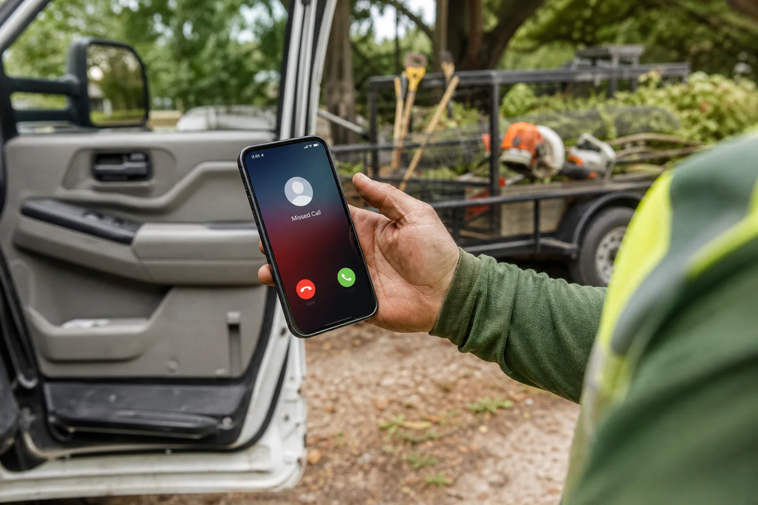 A landscaping company owner checking missed calls and messages on a phone next to a truck