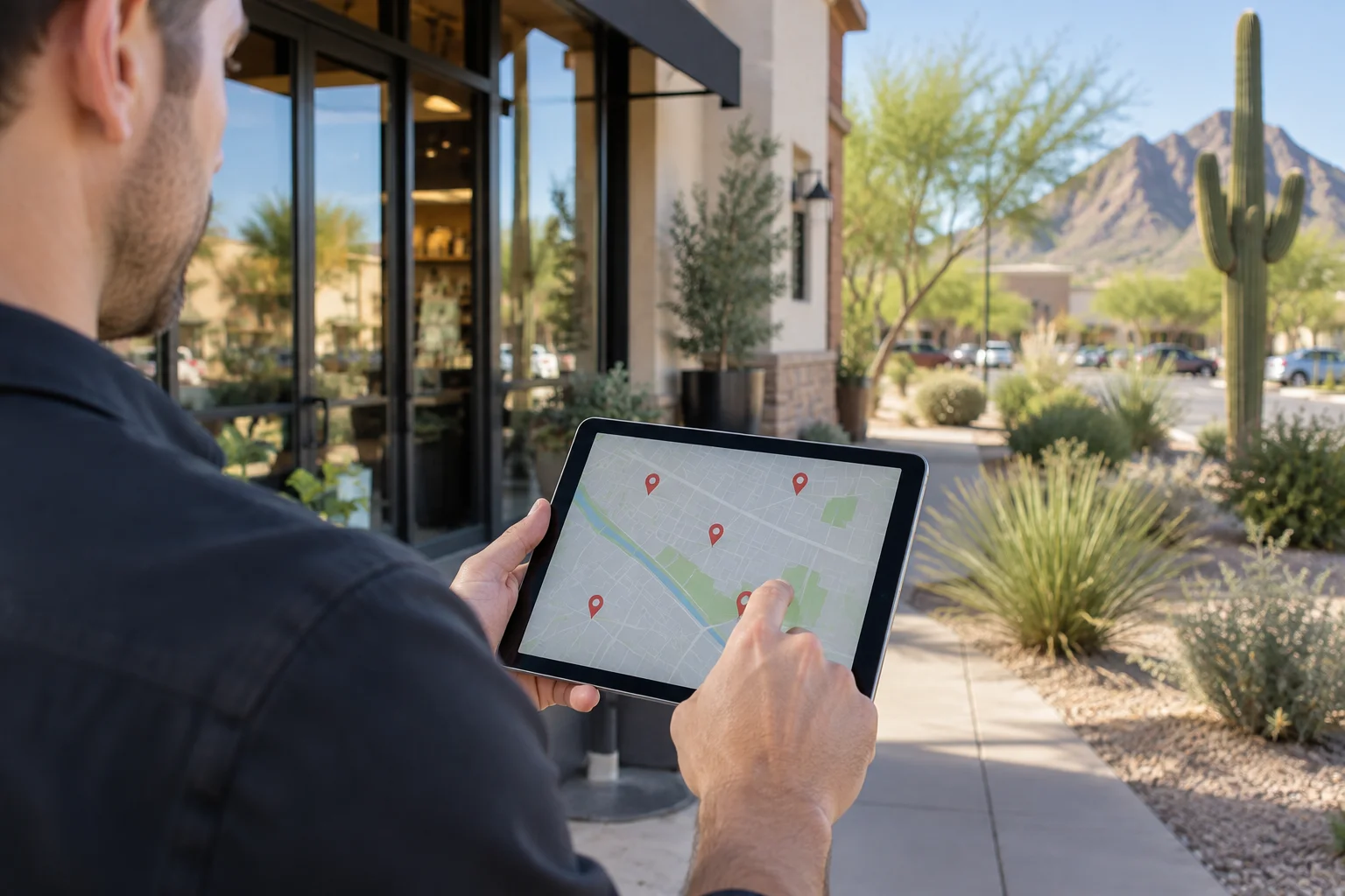 Phoenix business owner checking local search rankings on a tablet outside a storefront