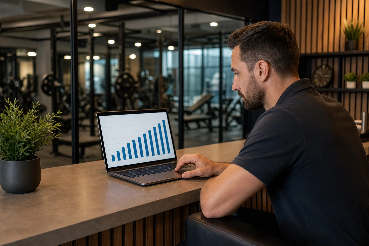A gym owner reviewing monthly lead flow data on a laptop at the front desk, showing steady marketing results across multiple months