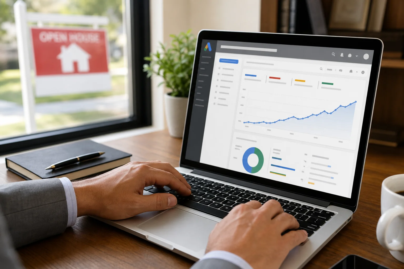 Real estate agent reviewing rising Google Ads cost per click data on a laptop
