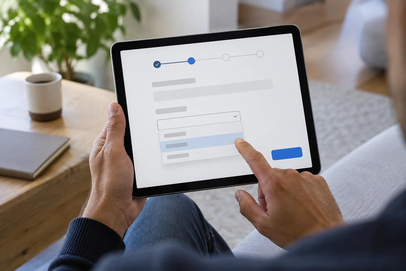 Close-up of a hand filling out a multi-step lead qualification form with a budget range dropdown on a tablet