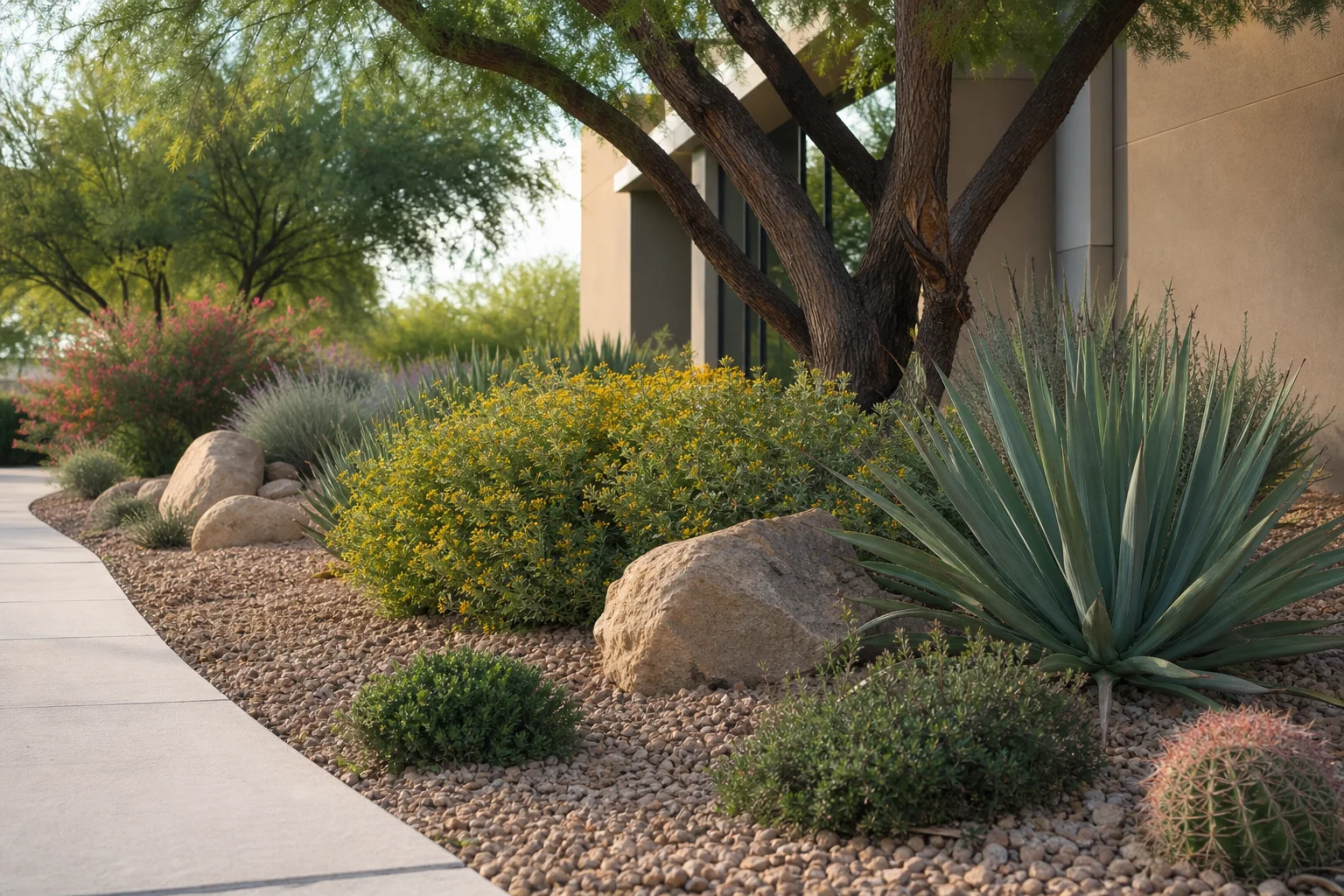 A commercial property drought-tolerant xeriscape design featuring native plants, gravel groundcover, and mature trees near a building entrance