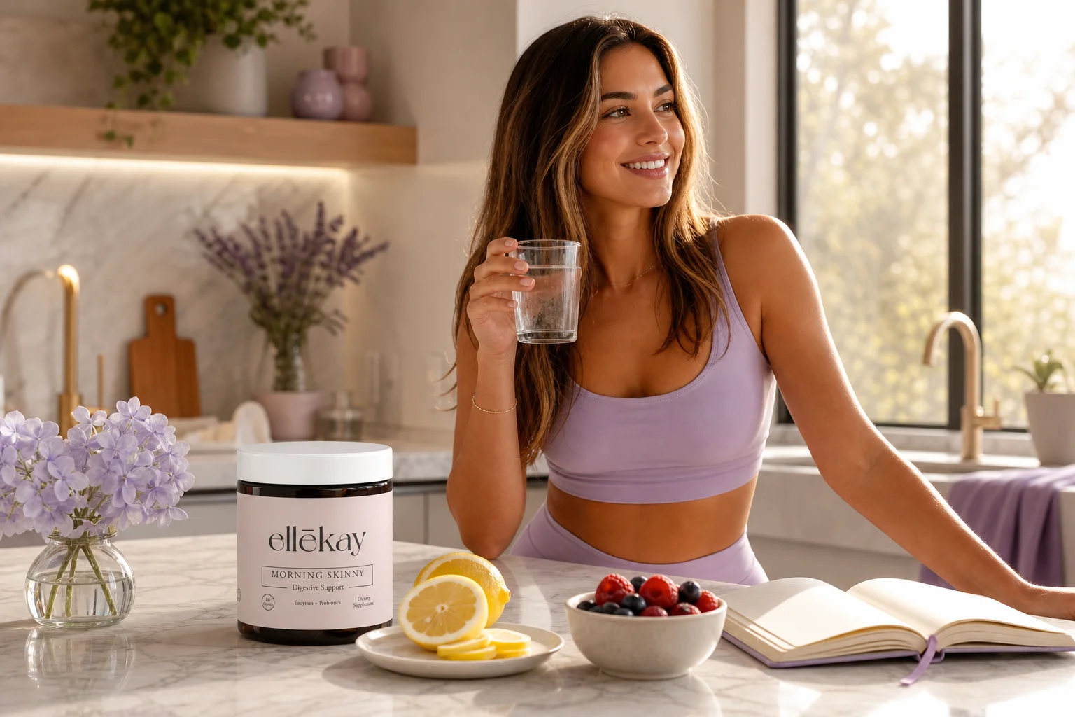 Woman at a bright kitchen counter with the Morning Skinny supplement and fresh fruits, representing a 90-day gut health transformation morning routine