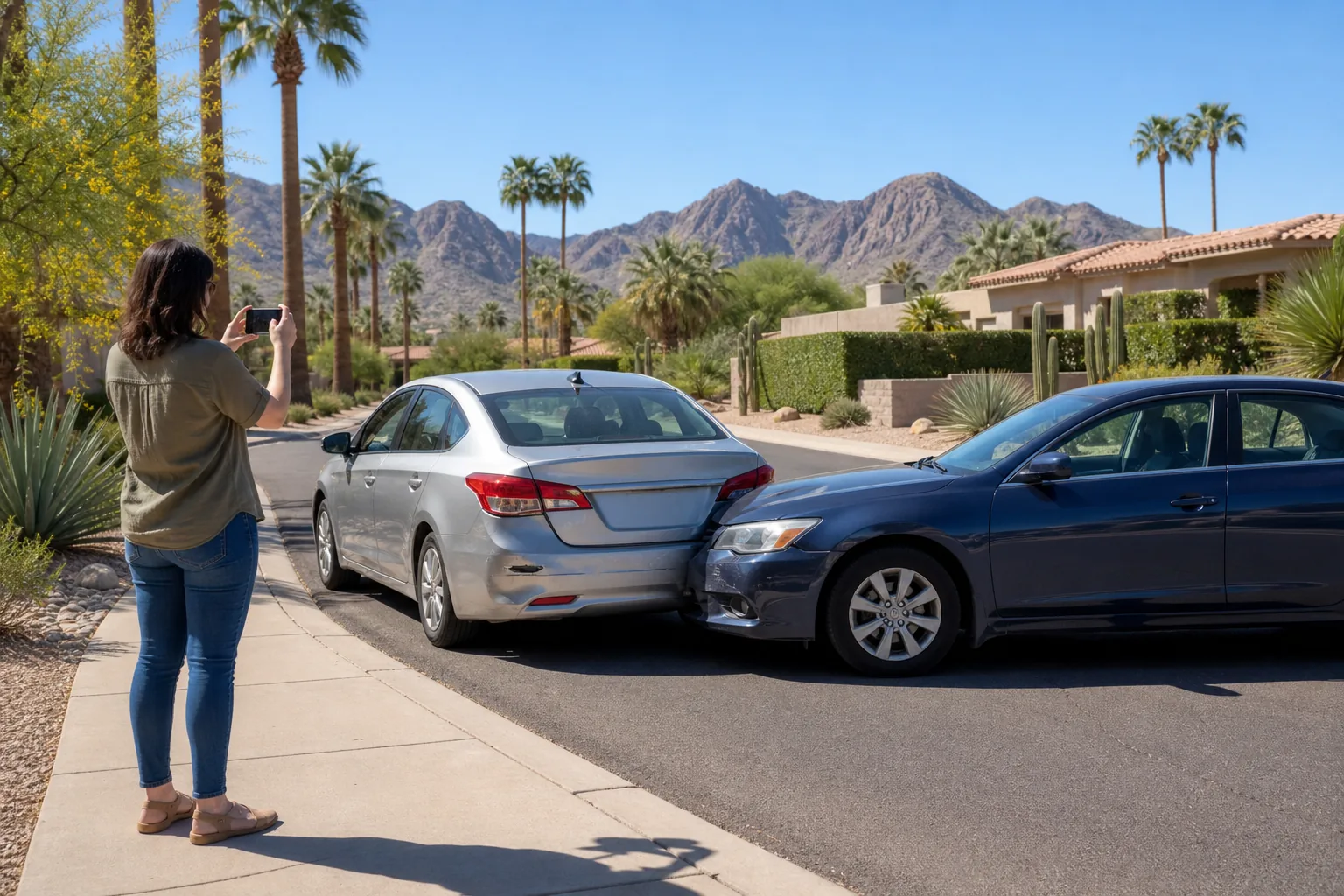 Valley Accident Law | Scottsdale Car Accident Lawyer Serving Phoenix and the Valley Driver photographing minor car accident damage on a Scottsdale Arizona street