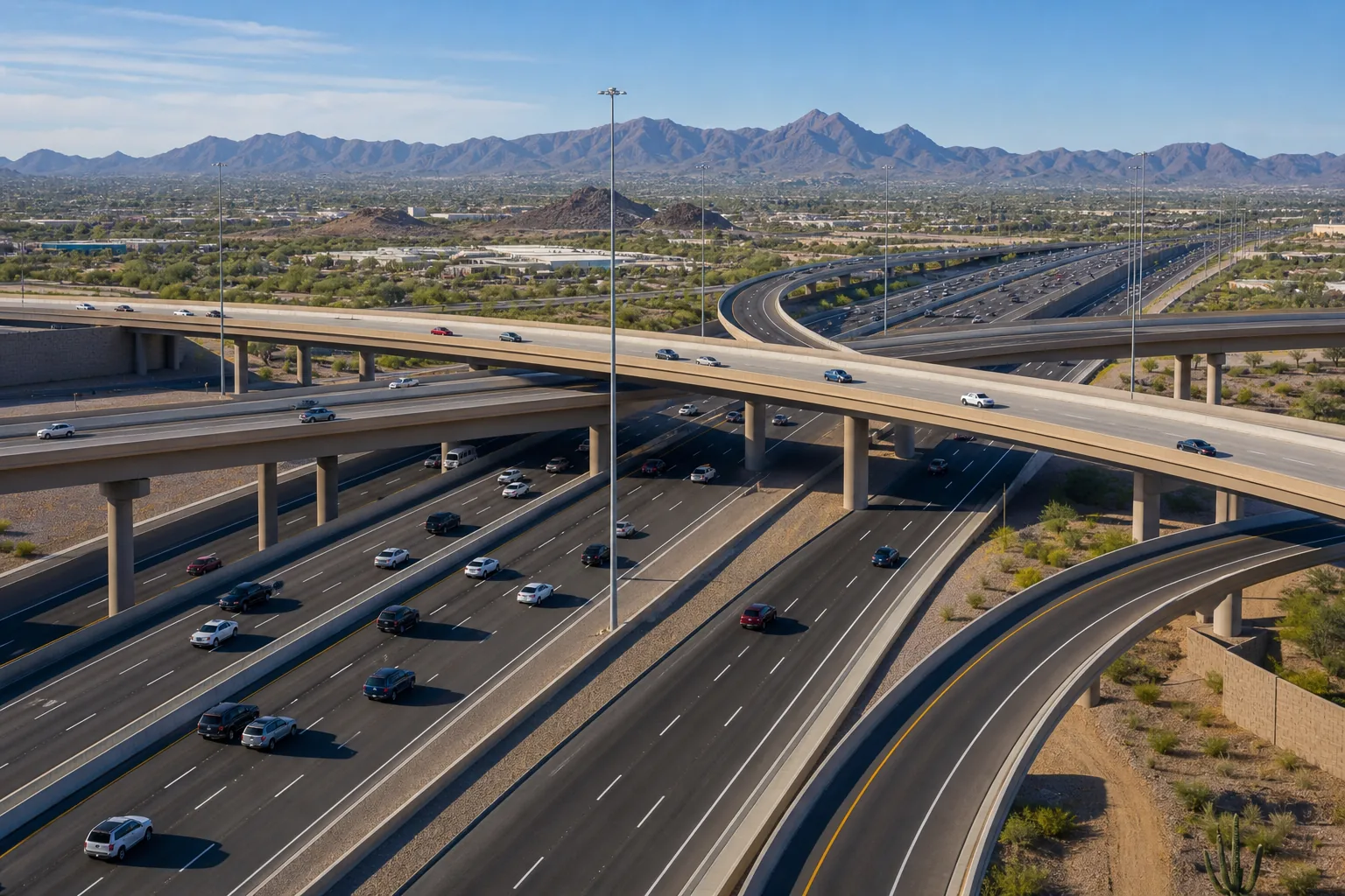 Valley Accident Law | Scottsdale Car Accident Lawyer Serving Phoenix and the Valley Multi-lane Phoenix Arizona freeway interchange similar to Loop 101 in daylight